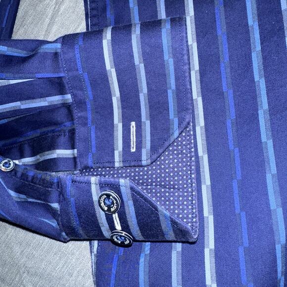 Bugatchi Uomo Men's Dress Shirt Shaped Fit Medium Blue Stripe Pattern - Picture 11 of 16